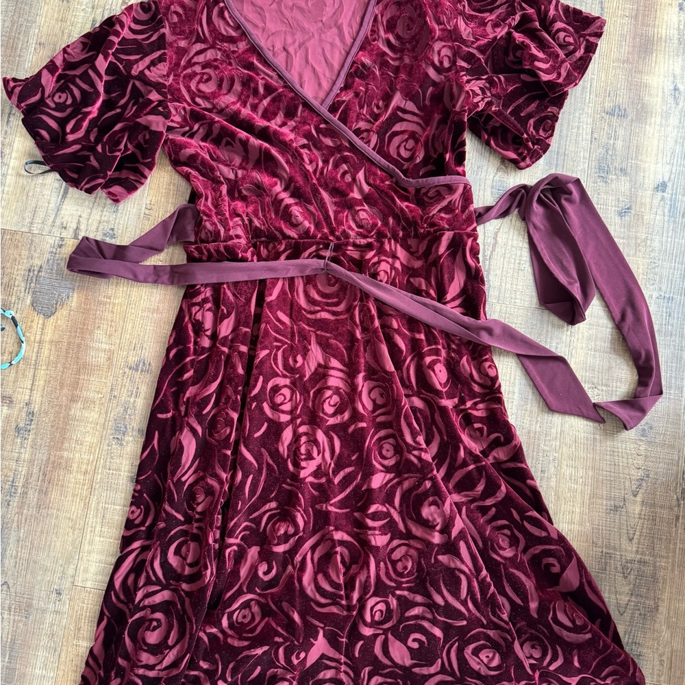 Elegant Burgundy Floral Wrap Dress from Calvin Klein